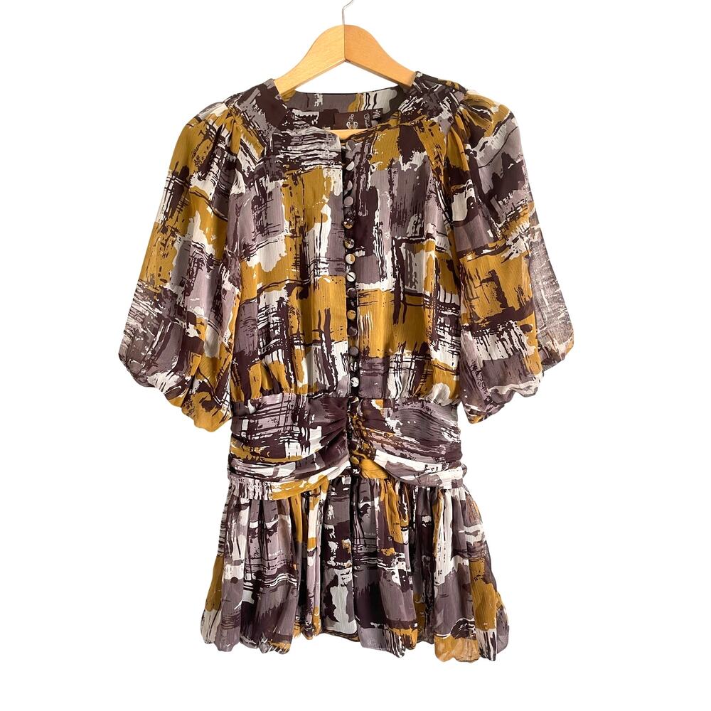 Twelve by Twelve Brown Chiffon Bubble Top Short Sleeve Buttons Medium Regency